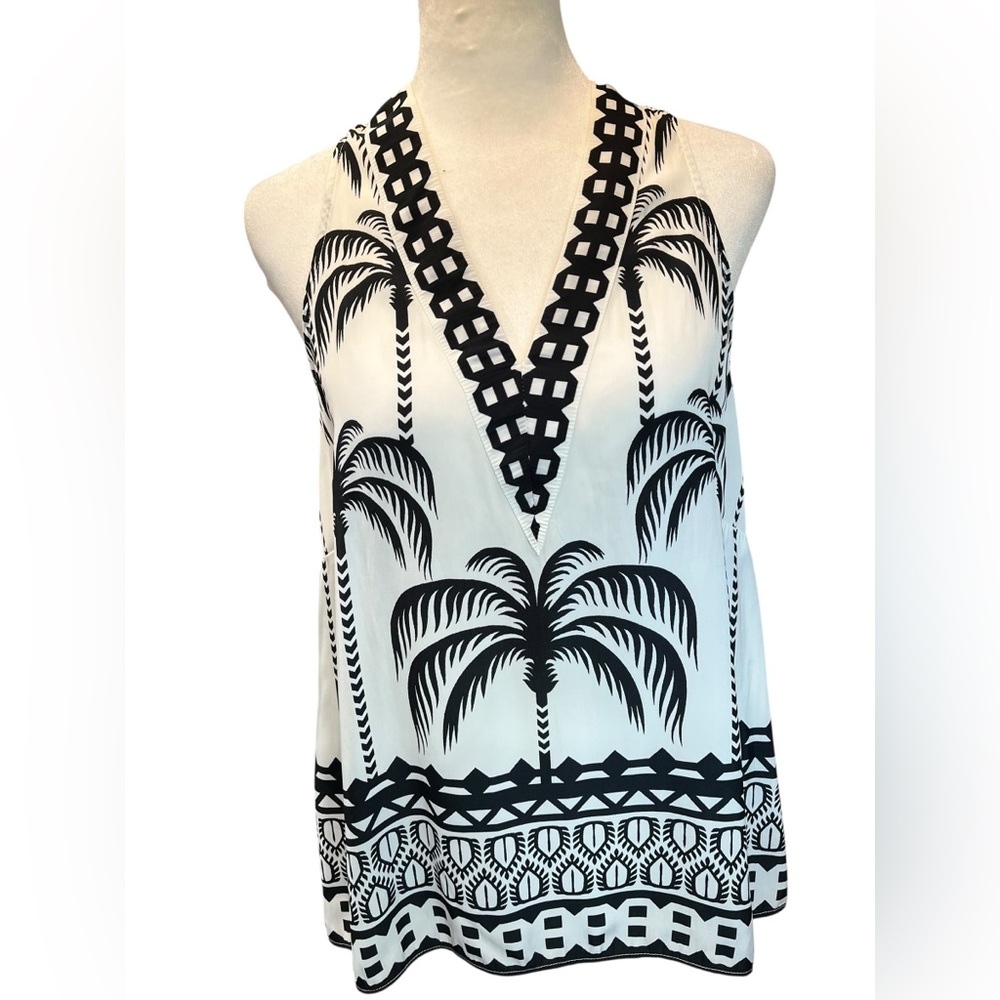 Rose + Olive Black & White Paradise/Palm Tree Pattern Tank - Medium